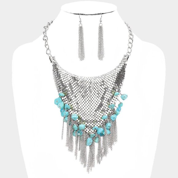 NWT Boho Turquoise Stone Silver Metal Mesh Scarf Fringe Necklace Set - Picture 2 of 2